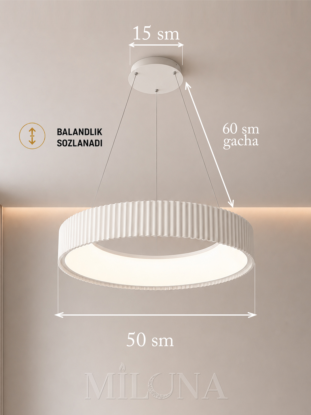 Lyustra LED, balandligi sozlanadigan, 3 ta yoritish rejimli, yotoqxona, zal uchun qandil
