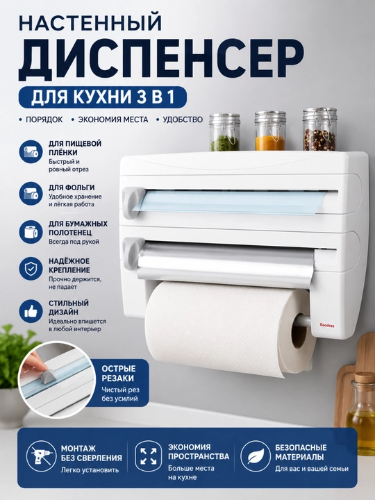 Универсальный диспенсер, резак для пищевой плёнки, упаковка продуктов, аксессуар для кухни - 