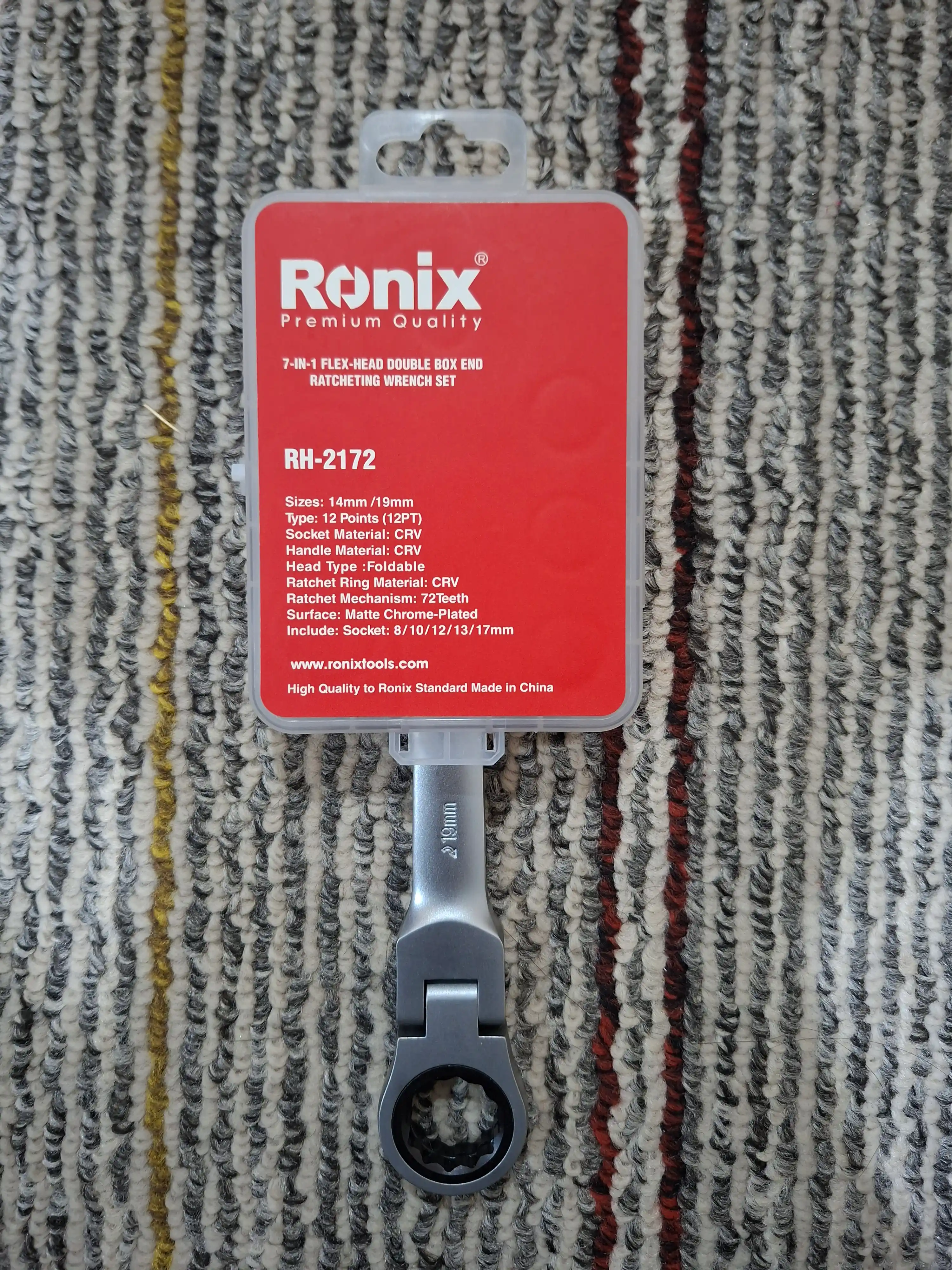 Ronix RH-2172 – 7in1 egiluvchan boshi bilan ikki tomonlama kalit (14mm/19mm), CR-V