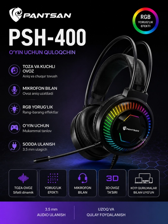 Игровая проводная гарнитура PANTSAN PSH-400 с RGB, микрофоном, 3.5 мм - 