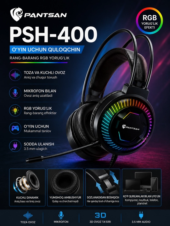 Игровая проводная гарнитура PANTSAN PSH-400 с RGB, микрофоном, 3.5 мм