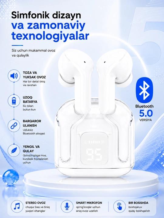 Tws simsiz quloqchin led displeyli zaryadlash keysi bilan oq