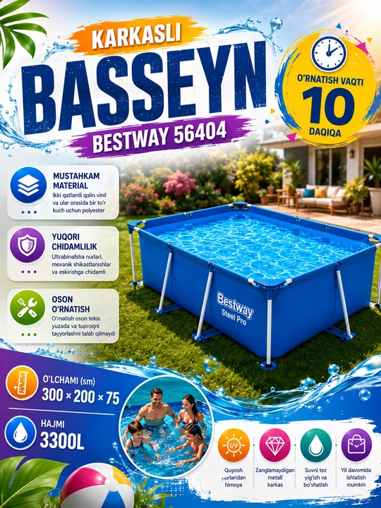 Bestway Steel Pro karkasli basseyn 300×200×75 sm – 4500 litr, mustahkam karkas, hovuz