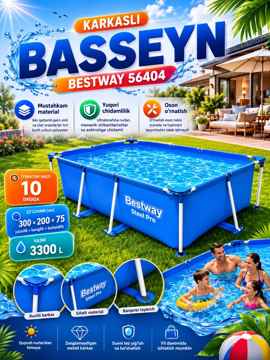 Bestway Steel Pro karkasli basseyn 300×200×75 sm – 4500 litr, mustahkam karkas, hovuz
