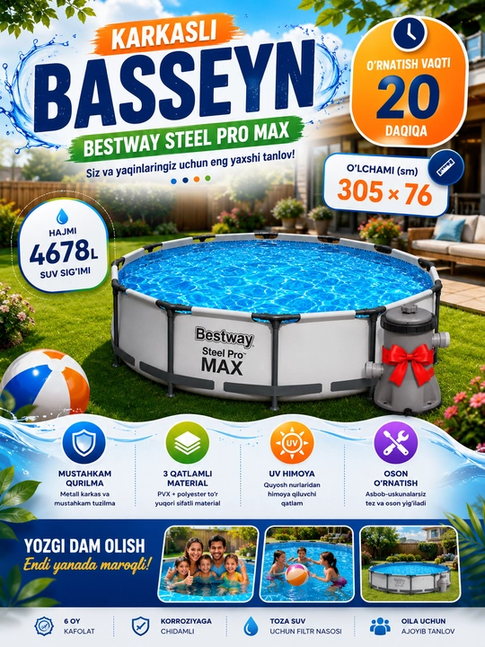 Bestway Steel Pro karkasli basseyn 300×200×75 sm – 4500 litr, mustahkam karkas, hovuz