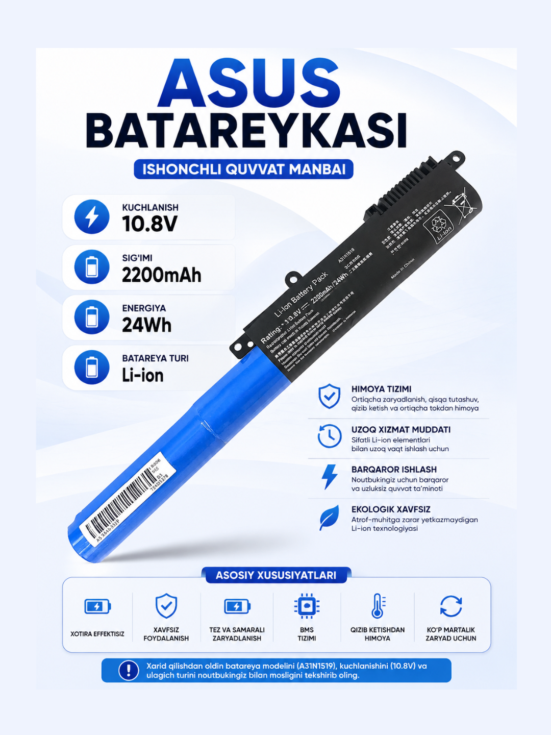 ASUS A31N1519-2 noutbuk batareyasi 10.8V 2200mAh 24Wh Li-ion X540LA X540LJ X540SA  X540S - 