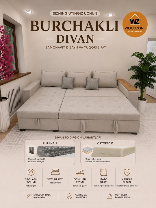 Yashikli yig‘ma burchakli divan, yumshoq divan, divan karavot Woodzone