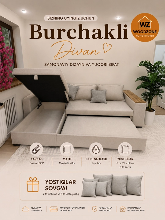 Yashikli yig‘ma burchakli divan, yumshoq divan, divan karavot Woodzone