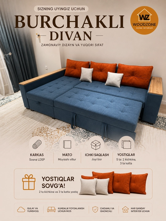 Yashikli yig‘ma burchakli divan, yumshoq divan, divan karavot Woodzone