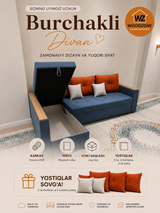 Yashikli yig‘ma burchakli divan, yumshoq divan, divan karavot Woodzone