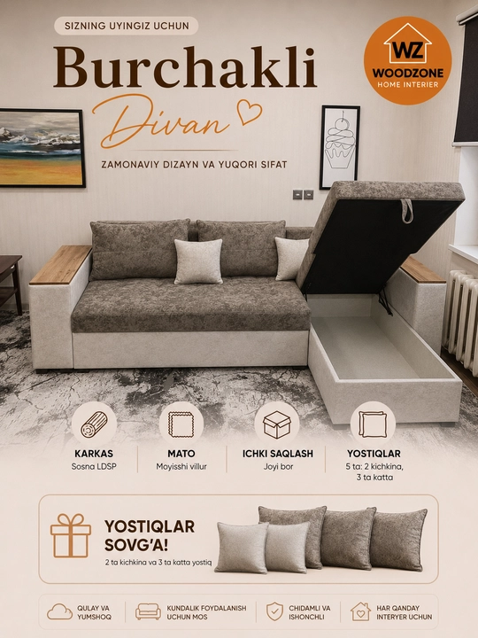 Yashikli yig‘ma burchakli divan, yumshoq divan, divan karavot Woodzone