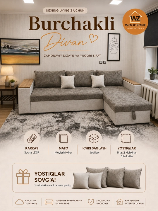 Yashikli yig‘ma burchakli divan, yumshoq divan, divan karavot Woodzone - 