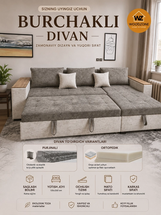 Yashikli yig‘ma burchakli divan, yumshoq divan, divan karavot Woodzone
