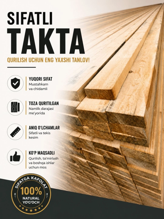 Taxta Qurilish uchun yog‘och taxta tabiiy kesilgan 6 metr 11 × 3.5 sm