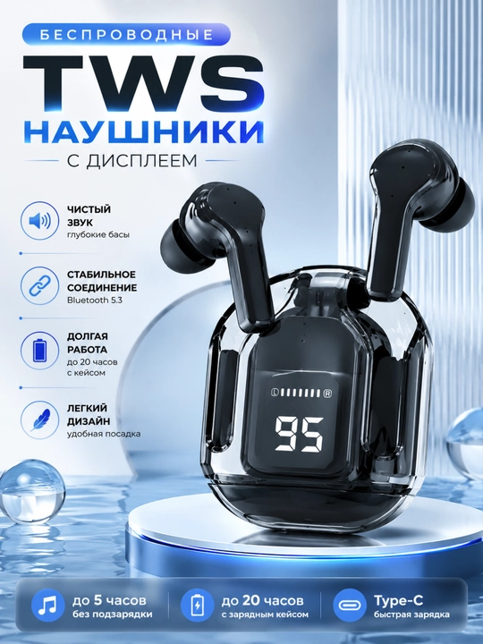 Беспроводные TWS наушники с LED-дисплеем и зарядным кейсом Белые - 