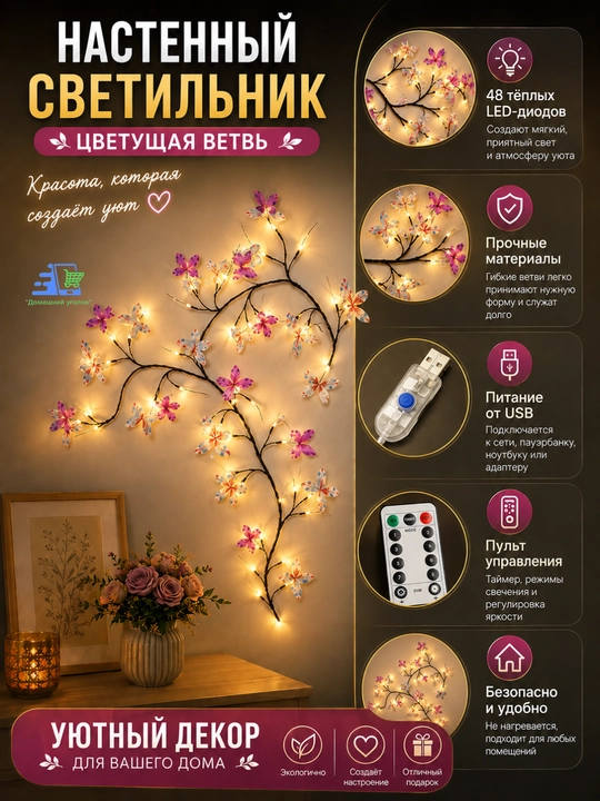 Бра светодиодная "Ветка Сакуры" на стену, 96 LED, гибкая, USB