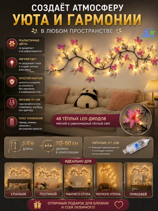 Бра светодиодная "Ветка Сакуры" на стену, 96 LED, гибкая, USB
