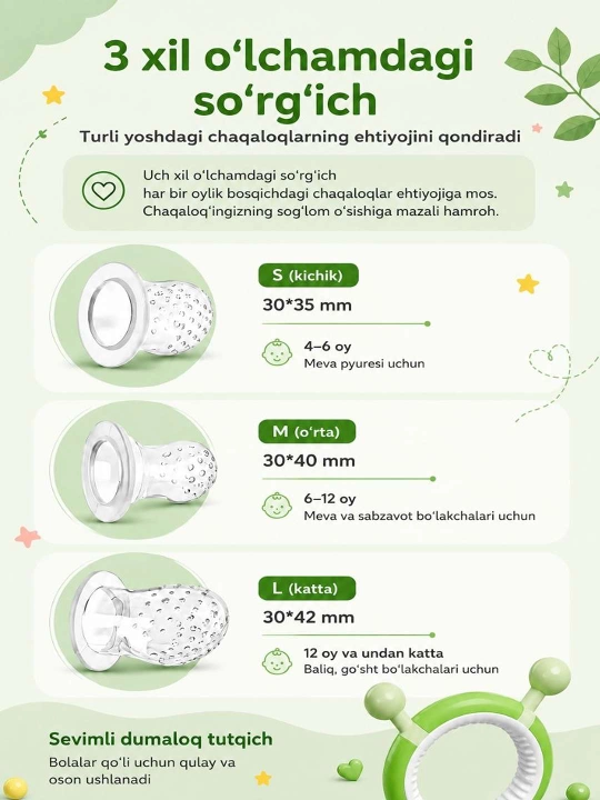 Birinchi oziqlantirish uchun nibler, mevalar bilan oziqlantirish uchun so'rg'ich