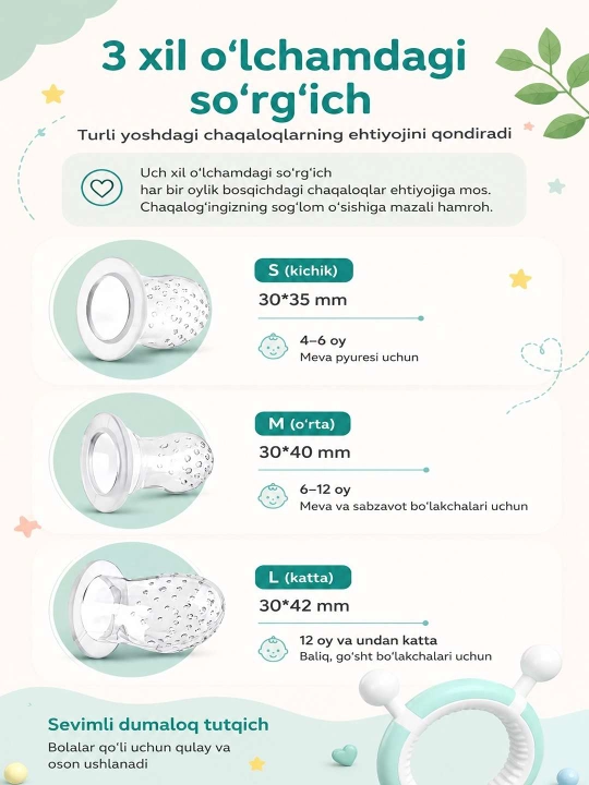 Birinchi oziqlantirish uchun nibler, mevalar bilan oziqlantirish uchun so'rg'ich