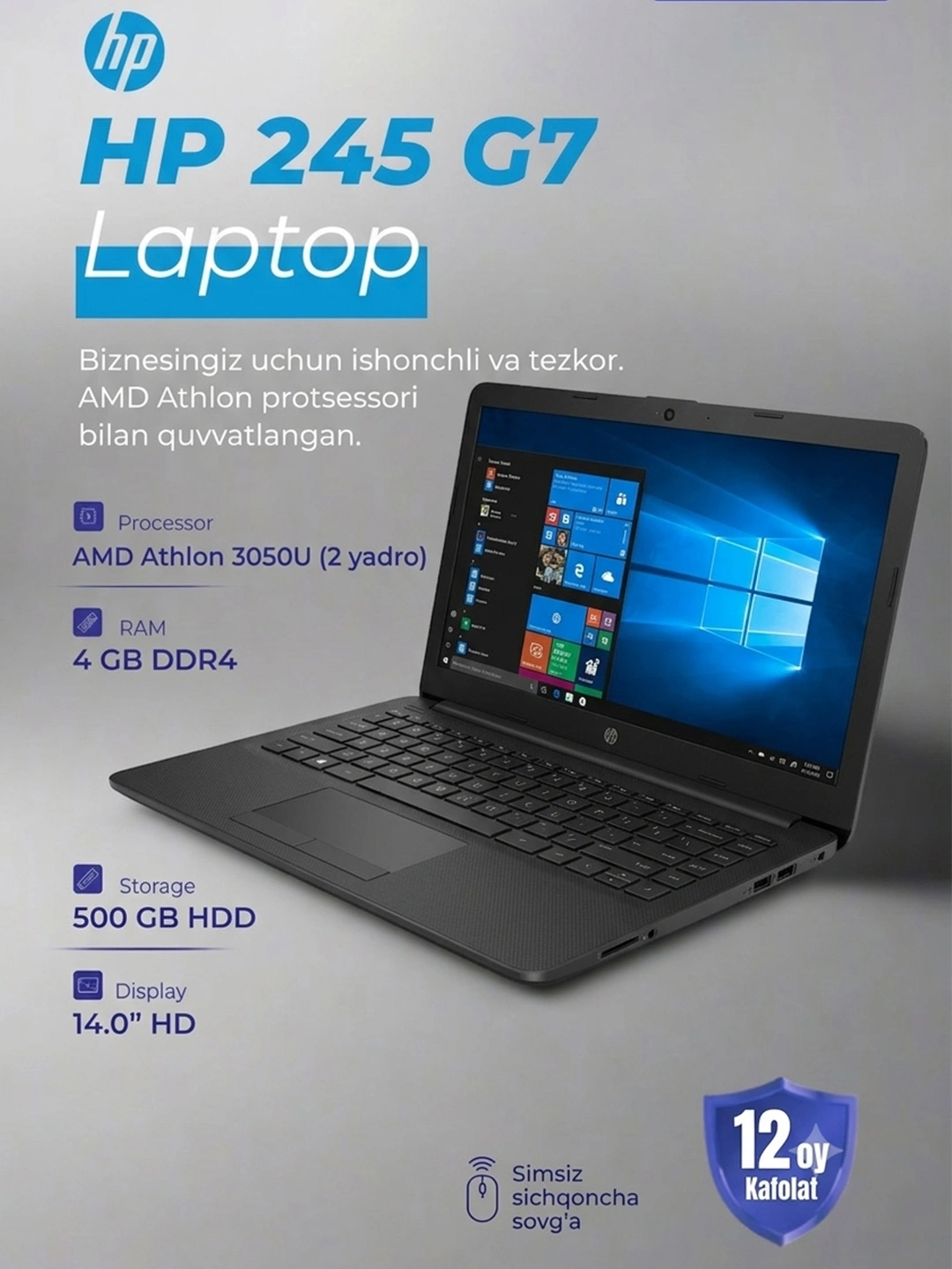 HP 245-G7 AMD Athlon 3050U/4GB/500GB + Windows10 + Мышка за 4500000 сум по лучшей цене. Uzum Market