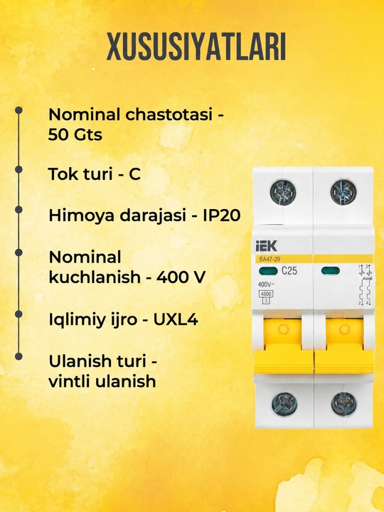 IEK VA47-29 avtomatik o‘chirgichi, KARAT 2P, 6–63A, 4,5 kA, C xarakteristikasi