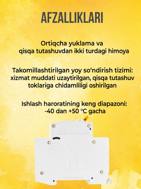IEK VA47-29 avtomatik o‘chirgichi, KARAT 2P, 6–63A, 4,5 kA, C xarakteristikasi