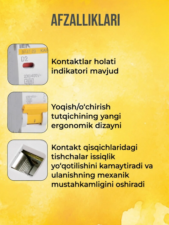 IEK VA47-29 avtomatik o‘chirgichi, KARAT 2P, 6–63A, 4,5 kA, C xarakteristikasi