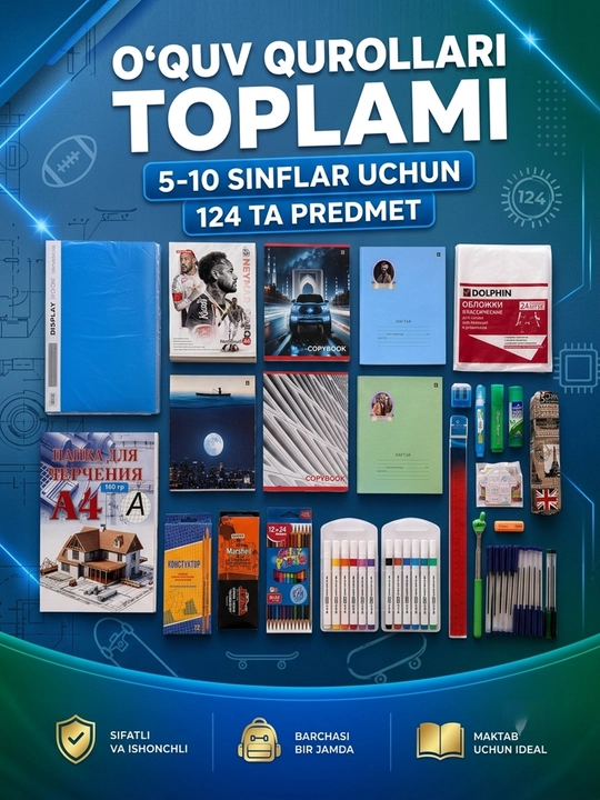 1-4, 5-11-sinflar uchun o‘quv qurollari to‘plami, daftar, bo‘yoq ruchkasi