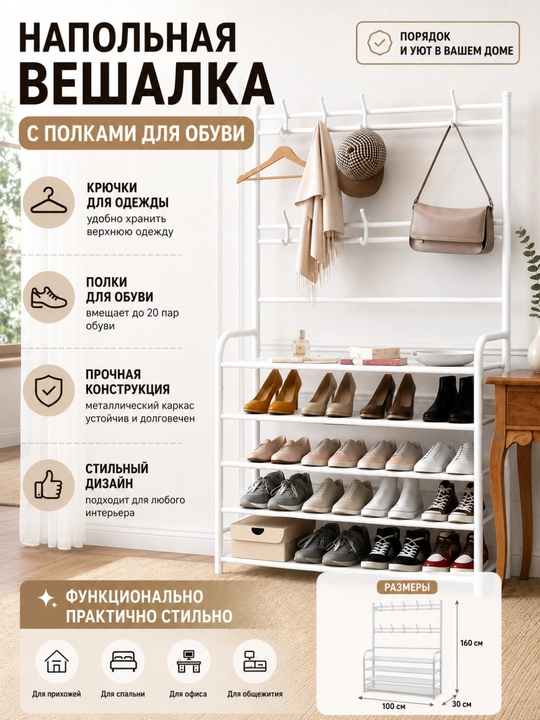 Вешалка напольная, для одежды, с 5 полками, для обуви, гардероб с обувницей, в прихожую