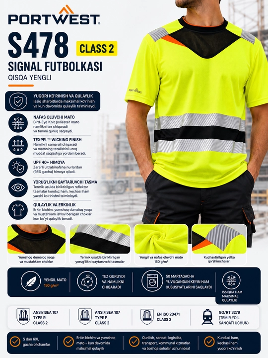 Portwest S478 Class 2 yengil va nafas oluvchi yuqori ko‘rinish futbolkasi