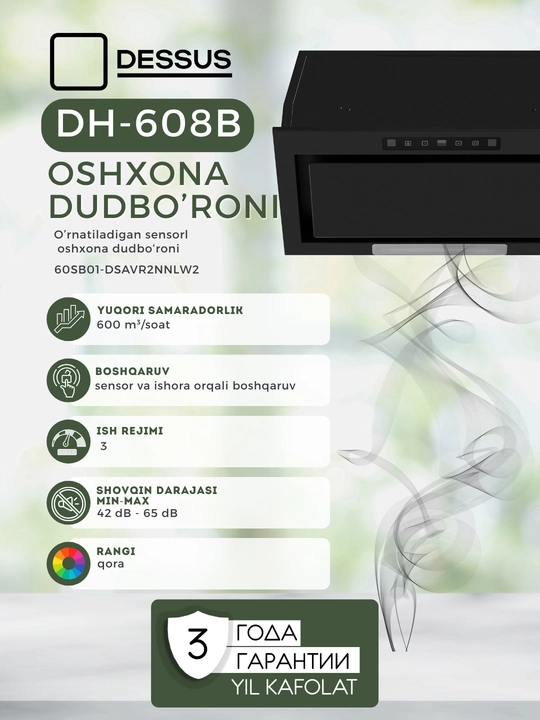 Ichki o‘rnatiladigan oshxona dudbo‘roni Dessus DH-608B 52 sm - 