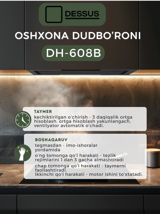 Ichki o‘rnatiladigan oshxona dudbo‘roni Dessus DH-608B 52 sm