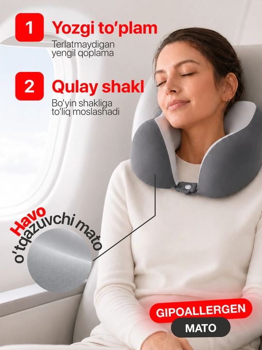 Подушка для шеи Memory Foam ортопедическая, дорожная U-образная, для путешествий и офиса