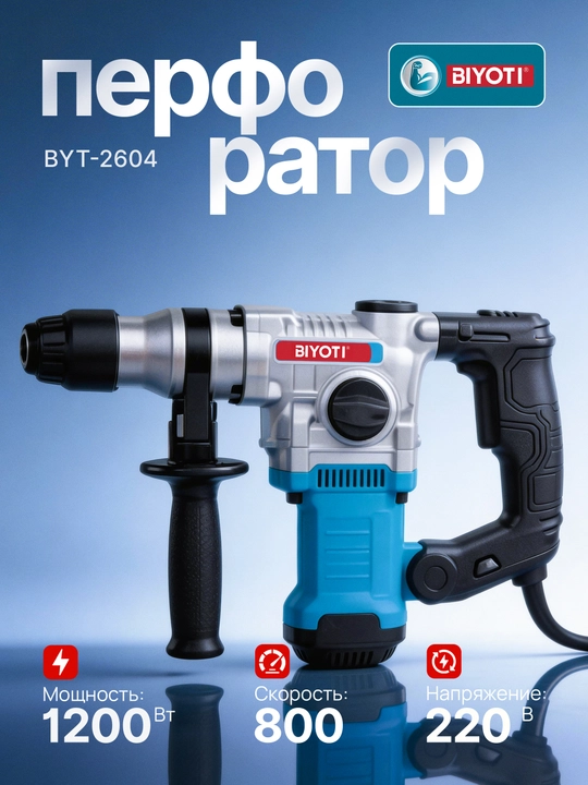 Перфоратор электрический BIYOTI BYT-2604 в кейсе (1050 Вт, 26 мм, 1000 об/мин) - 