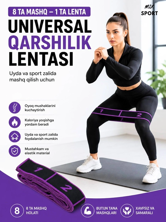Fitnes rezinkasi 8 ta halqali, gimnastika va yoga uchun - 