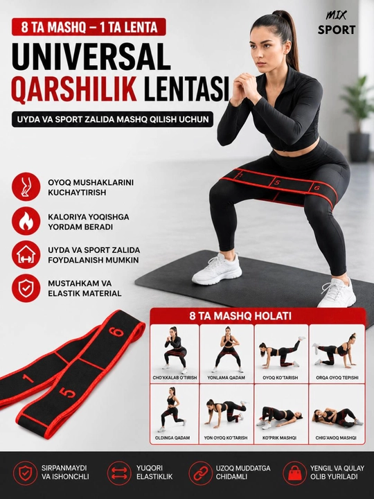 Fitnes rezinkasi 8 ta halqali, gimnastika va yoga uchun - 