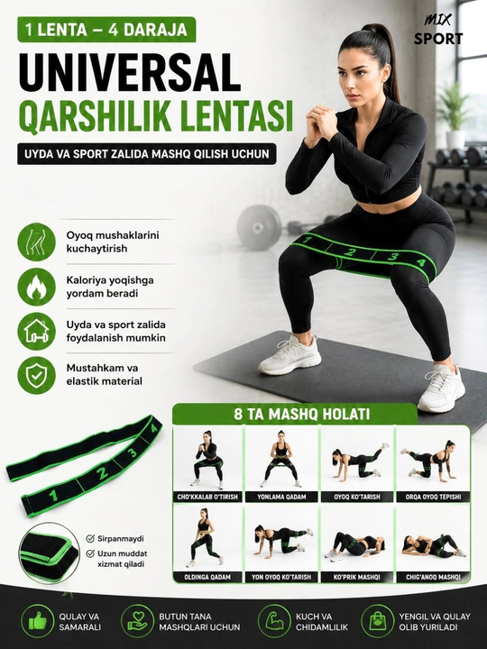 Fitnes rezinkasi 8 ta halqali, gimnastika va yoga uchun - 