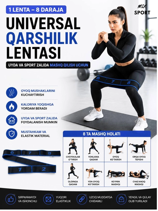 Fitnes rezinkasi 8 ta halqali, gimnastika va yoga uchun - 