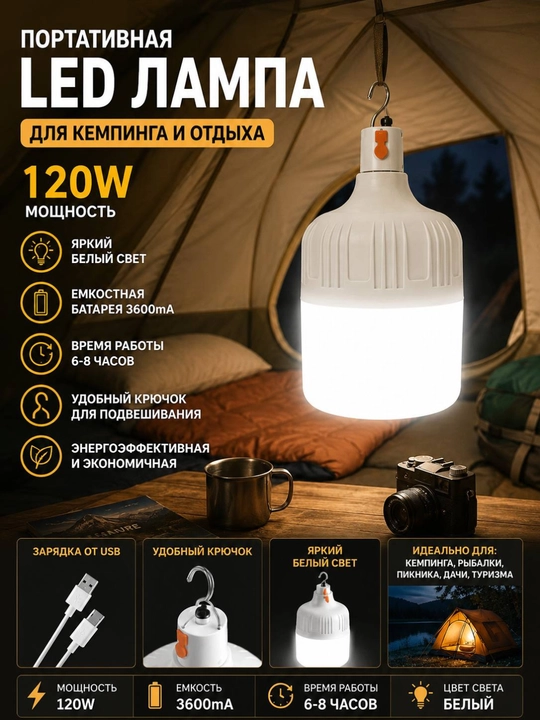 Kemping va favqulodda yoritish uchun 120 Vt quvvatli portativ LED chiroq