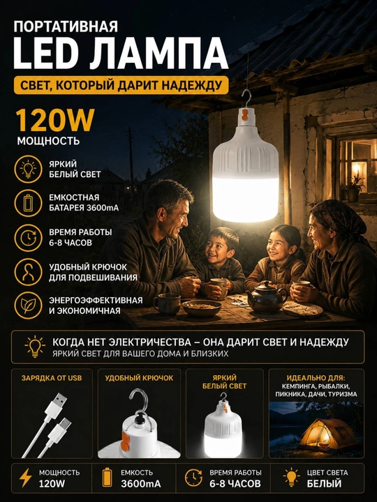 Kemping va favqulodda yoritish uchun 120 Vt quvvatli portativ LED chiroq