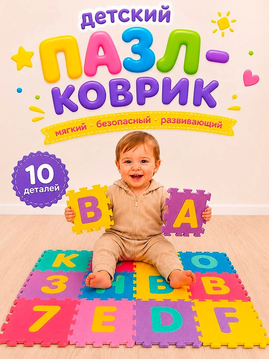Коврик-пазл детский EVA, 10 деталей, 31×31 см, мягкий напольный развивающий - 