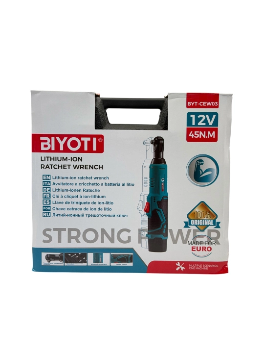 Biyoti BYT-CEW03 12V akkumulyatorli kalit, 45 N·m, 3/8", kallaklar to‘plami va keys bilan
