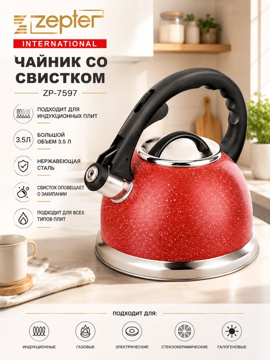Чайник со свистком Zepter ZP-7597, 3.5 л, нержавеющая сталь, индукционный, черный - 
