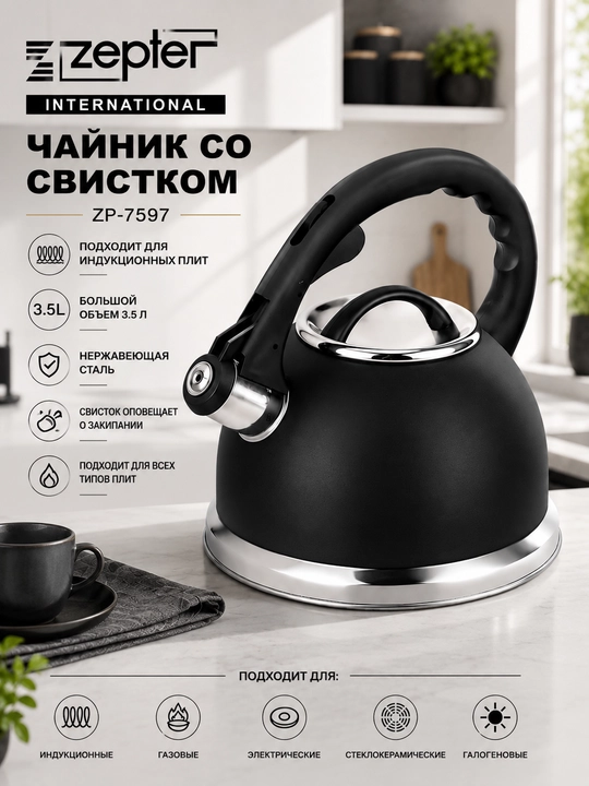 Чайник со свистком Zepter ZP-7597, 3.5 л, нержавеющая сталь, индукционный, черный - 
