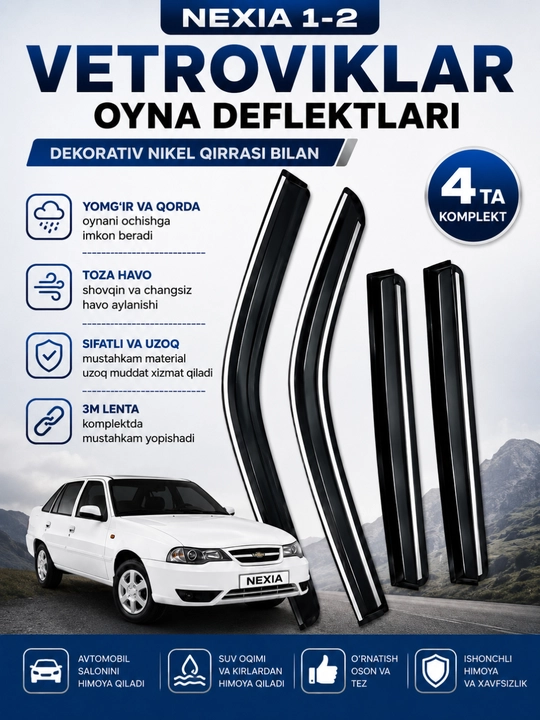 Matiz-Damas-Labo-Lacetti-Gentra uchun nikelli shamol to‘sgichlar oyna deflektorlari,ABS-pl
