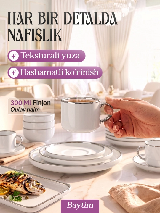 Idishlar to'plami Baytim, chinni oshxona idishlari, 6 kishilik, 32 ta buyum
