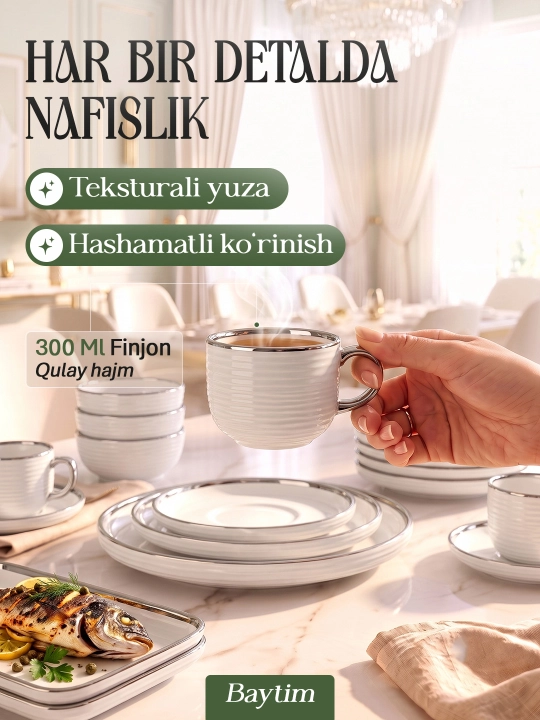 Idishlar to'plami Baytim, chinni oshxona idishlari, 6 kishilik, 32 ta buyum