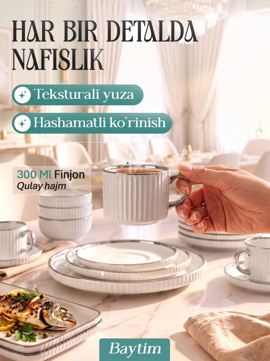 Idishlar to'plami Baytim, chinni oshxona idishlari, 6 kishilik, 32 ta buyum