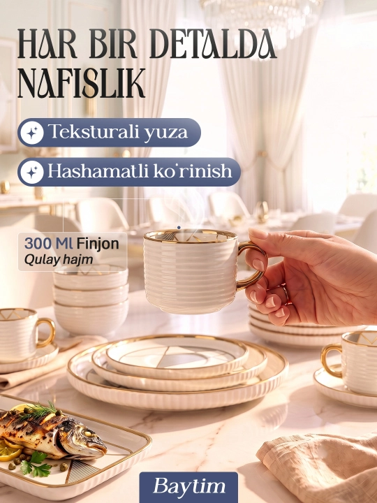 Idishlar to'plami Baytim, chinni oshxona idishlari, 6 kishilik, 32 ta buyum