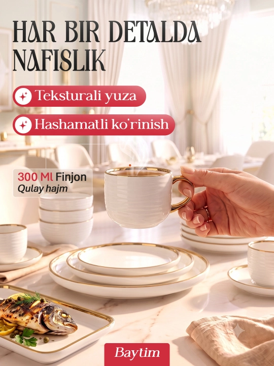 Idishlar to'plami Baytim, chinni oshxona idishlari, 6 kishilik, 32 ta buyum